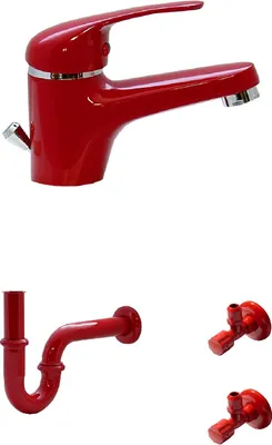 A red faucet, a red siphon, and two red angle valves are displayed against a white background.