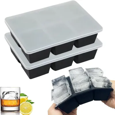Immagine prodotto di Stampi in silicone per cubetti di ghiaccio - Grandi - 2 contenitori in silicone per cubetti di ghiaccio con coperchio - Inodore - Impilabili e lavabili in lavastoviglie - Ideali per la birra