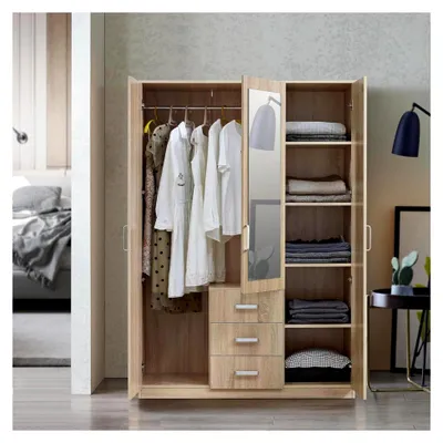Produktbild von Kleiderschrank Bodolz mit 3 Türen und Spiegel 176 x 120 x 52 cm, Schlafzimmerschrank mit 1 Kleiderstange, 3 Schubladen und 5 Fächern in Sonoma-Eiche