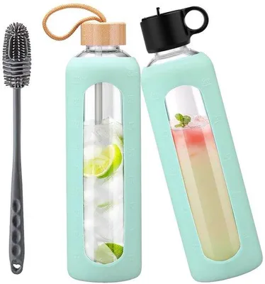 Productafbeelding van 1 Liter Glazen Waterfles met 2 Deksels en Tijdmarkering