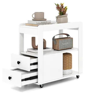 Produktbild von Schmaler Beistelltisch mit Rollen, 2 Schubladen und offenen Ablagen, Nachtschrank für Wohnzimmer und Schlafzimmer, 65 x 30 x 63 cm (Weiß)