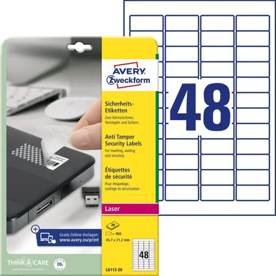 Image de AVERY Zweckform L6113-20 AVERY Zweckform Sicherheitsetiketten, 45,7 x 21,2 mm