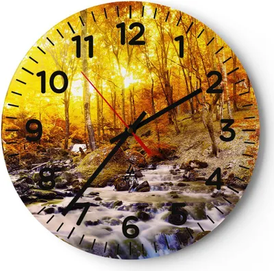 Produktbild von Wanduhr - Rund - Glasuhr - Berge Bach Wasser - 40x40cm - Schleichendes Uhrwerk - Lautlos - zum Aufhängen bereit - Dekoration Modern - Wanddekoration aus Glas - C4AR40x40-3717