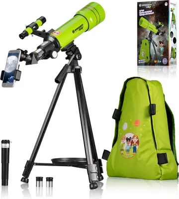 A product shot of a telescope and its accessories, including a backpack, on a white background.