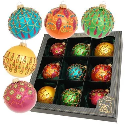 Glas kerstballen, 9 stuks, 8 cm, groen/blauw/rood/saffraan