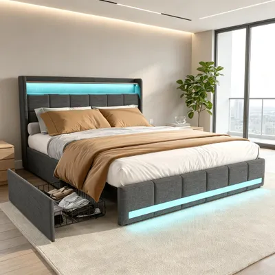 Image de INONEFT, lit capitonné 140x190 cm avec tête de lit et espace de rangement, lit double avec 4 tiroirs, éclairage LED, ports USB et Type-C, revêtement en lin, couleur gris