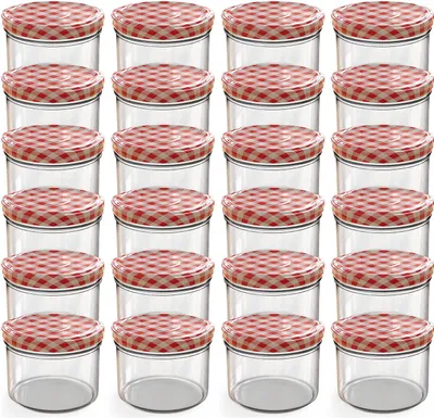 A grid of empty glass jars with red and white checkered lids.