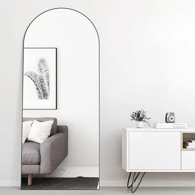 Produktbild von 165 x 60 cm gewölbter Bodenspiegel, Ganzkörper-Wandspiegel mit Aluminiumrahmen, gewölbter Oberseite, zum Aufhängen oder Anlehnen, Ankleidespiegel für Schlafzimmer, Wohnzimmer, Schwarz