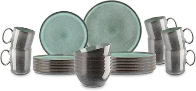 Imagen del producto de Juego de vajilla verde de cerámica, para 6 personas, que incluye: 6 platos de postre, 6 platos principales, 6 tazas de café y 6 cuencos. Apto para lavavajillas