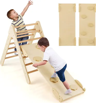 Produktbild von 3 in 1 Kletterdreieck mit 2-seitiger Rampe, Indoor Klettergerüst, Sprossendreieck Kletterspielzeug Set, aus Holz zum Rutschen & Klettern für Kinder ab 1 Jahre (Natur)