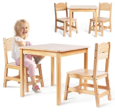 Produktbild von Kindertisch mit 2 Stühlen - Kinder Sitzgruppe aus Holz - Montessori Lern- und Spieletisch, ergonomisch, Kiefer massiv, für 3–6 Jahre,