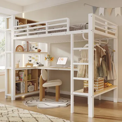 Productafbeelding van Flieks etagesbed 90x200 cm met bureau en opbergvakken, kinderbed met hoogslaper en kledingkast, metalen bed voor tieners met valbeveiliging, wit
