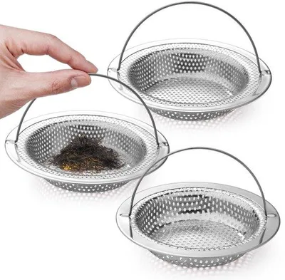 Image de Filtre d'évier en acier inoxydable argenté, 3 pièces, avec brosses, pour la cuisine et la salle de bains