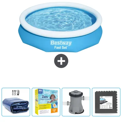 Produktbild von Bestway runder aufblasbarer Fast-Set-Pool – 305 x 66 cm – Blau – im Lieferumfang enthalten Sonnensegel - Wartungspaket - Pumpe - Bodenfliesen