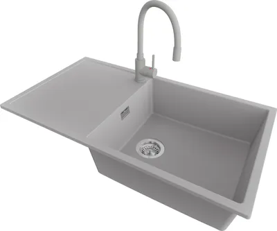Produktbild von PRIMAGRAN Granitspüle Grau 90x50cm, Spülbecken 1 Becken + Küchenarmatur 38x14cm + Ablauf-Set, Küchenspüle ab 60er Unterschrank - Ibiza