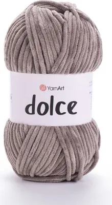 A ball of beige-gray chenille yarn with a white label.