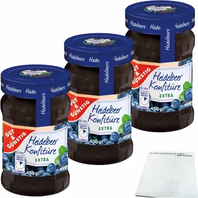 Produktbild von Gut & Günstig Heidelbeer Konfitüre Extra mit 50% Frucht 3er Pack (3x450g Glas) + usy Block