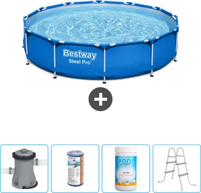 Produktbild von Bestway Round Steel Pro Swimmingpool – 366 x 76 cm – Blau – inklusive Pumpe Filter - Chlor - Leiter