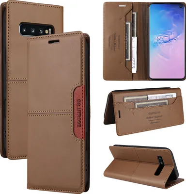 Obrázek produktu pro Pouzdro pro Samsung Galaxy S10+/S10 Plus, kožené flipové peněženkové pouzdro s přihrádkou na karty a stojánkem Hnědý