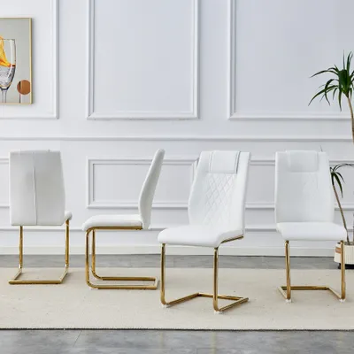 Productafbeelding van AIORBER schommelstoel (4-delig), rugleuning met ruitpatroon, gouden poten, verchroomd metalen frame, bekleed met kunstleer, 40x40x96,5 cm, wit