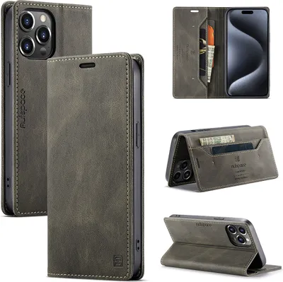 Produktbild von iPhone 15 Pro Brieftasche Hülle, Retro Kunstledertasche Stand Schutzhülle für iPhone 15 Pro Kupfer