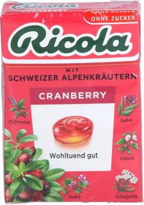 Produktbild von Open Food Ricola Cranberry Zuckerfrei Box - Ricola - 50g, Vitamin C, 50 g, D, e951, e953, Ehrenpreis Und Andorn, Schafgarbe, Von Natur Aus Laktose, Citronensaure, Enthalt Eine..., 997 kJ