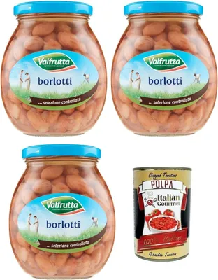 Produktbild von 3x Valfrutta Fagioli Borlotti,Italienische Borlotti-Bohnen,Hülsenfrucht Gemüse Gekochte Bohnen,Glas 360g + Italian Gourmet Polpa di Pomodoro 400g Dose