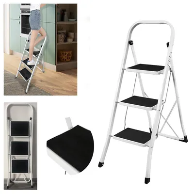 Obrázek produktu pro Skládací žebřík pro domácnost – 3 stupně s madlem – nosnost 150 kg – protiskluzová platforma – ocel – 44,5 x 112 cm – bílá barva
