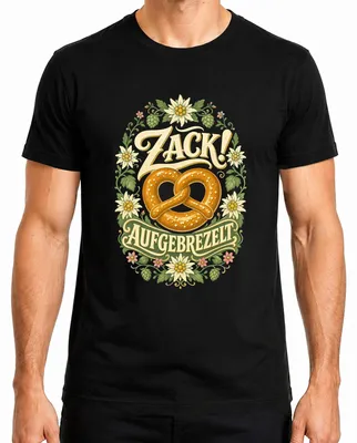 Produktbild von Zack! Aufgebrezelt Brezel Edelweiß Tracht Trachtenshirt Lederhose Herren T-Shirt, Schwarz, XXL