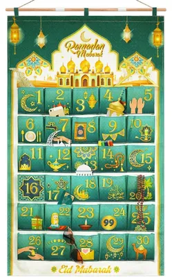 Image de Calendrier du Ramadan, 30 pochettes en tissu, décoration murale, pour porte, à réaliser soi-même, couleurs vert et or