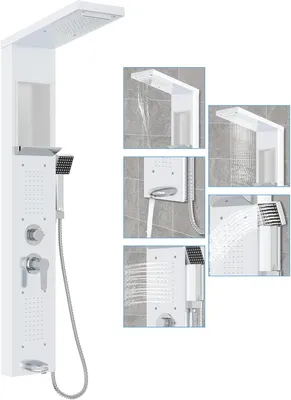 Zdjęcie produktu dla Panel prysznicowy ROSEJANE ze stali nierdzewnej, z 5 funkcjami: deszczownica, wodospad, słuchawka prysznicowa, dysze masujące i wlot do wanny, kolor biały