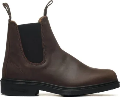A single brown leather boot is shown against a white background.
