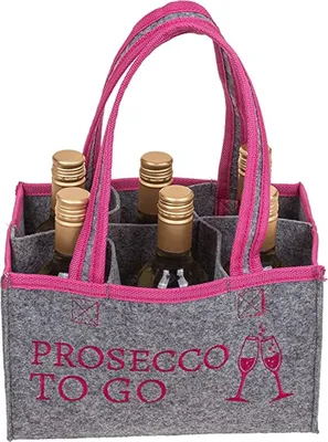 A felt tote bag designed to carry six bottles of Prosecco, with the text "PROSECCO TO GO" and an image of two champagne flutes printed on the front.