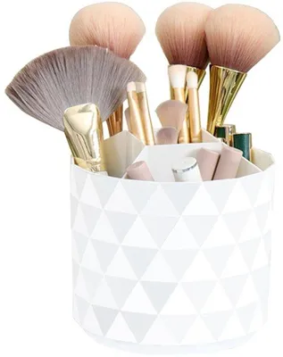 Produktbild von Ibenzoa® Make-up-Pinselhalter aus hochwertigem Kunststoff – 360° drehbar, Weiß, kompakter Kosmetik-Organizer mit mehreren Fächern