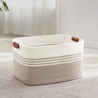 Produktbild von Wäschekorb Geflochten 60L Baumwollseil Weiß/Braun 53x38x29 cm
