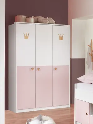 Produktbild von Kleiderschrank "Cindy2" in WEISS + ABSETZUNGEN ROSE mit 3 Türen und 4 Einlegeböden. Abmessungen (BxHxT) 139x199x58 cm