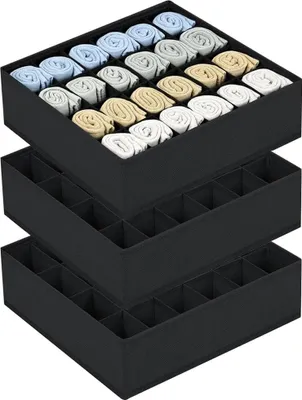 Produktbild von 3-teiliges Sockenorganizer mit 24 Fächern - Aufbewahrungsboxen 32 x 31 x 10 cm - schwarz - Kleiderschrank Organizer für Socken, Krawatten, Gürtel