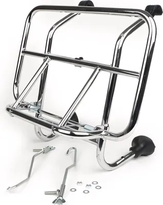 Zdjęcie produktu dla Bagażnik składany przedni Moto Nostra Vespa Smallframe V50, PV125, ET3, PK S, PK XL, PK XL2 Largeframe Rally180/200, Sprint150, TS125, GT125, GTR125, PX80, PX125, PX150, PX200 Chrome