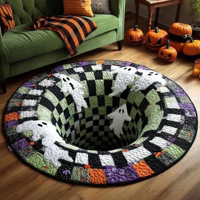 Image de Tapis Unyqoos® Halloween, forme ronde, 60 x 60 cm – Motif squelette avec effet 3D, en polyester, antidérapant, idéal pour la décoration du salon et de la chambre