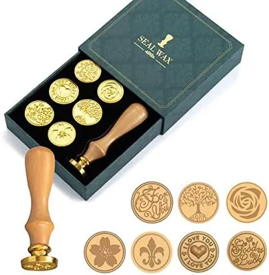 Produktbild von Wachssiegel Set, 7 Stš¹ck Wachs Stempel Mit Holzgriff, Kupfer Siegel Kit fš¹r Umschlag, Hochzeit, Einladung, Brief, Geschenkverpackung, Dekoration
