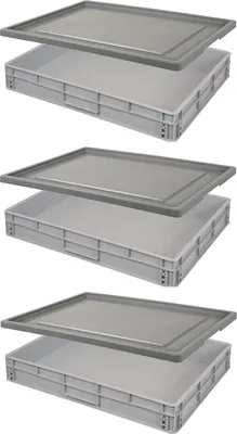 Produktbild von BRB 3 Euroboxen LxBxH 800 x 600 x 120 mm, 48 Liter, mit Stülpdeckel, Griffleisten, Industriequalität, lebensmittelecht