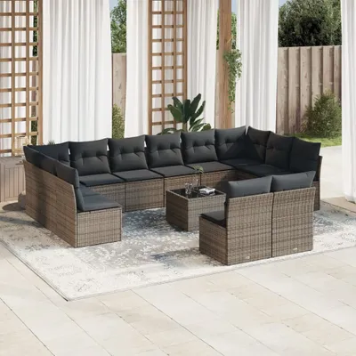 Produktbild von Design 13-tlg. Garten-Sofagarnitur mit Kissen Grau Poly Rattan, Gartenmöbel-Sets 2024 Neu