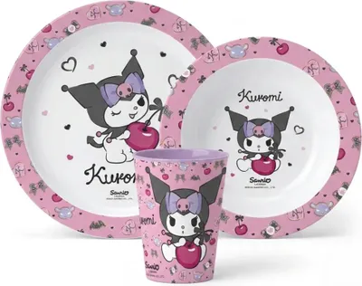 Produktbild von Hello Kitty Kuromi Kinder Geschirr-Set 3 teilig Becher (260 ml) Teller Schüssel