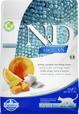 Productafbeelding van N&D OCEAN CAT Volwassen kattenvoer, haring, pompoen en sinaasappel, 300g