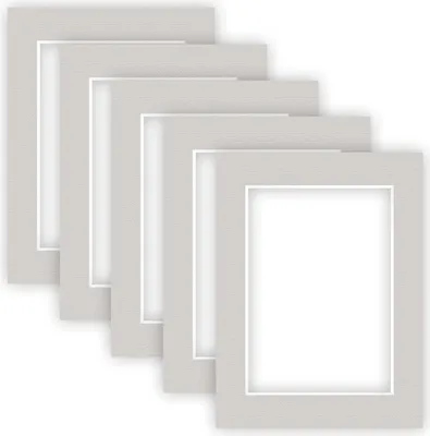 A stack of five light gray picture mats, each with a white inner border, are arranged in a staggered diagonal formation against a white background.