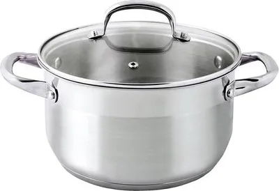 A stainless steel pot with a glass lid and two handles, shown on a white background.