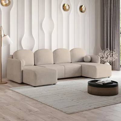 Produktbild von Masseno Ecksofa NUBERO mit Schlaffunktion U-Form, Sofa mit Bettkasten, Wohnzimmersofa, Couch, Soffa, Bettsofa, Couchgarnitur- Beige, NEVE 04