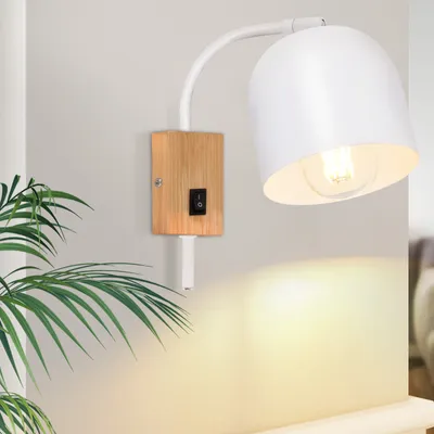 Image de ZMH Applique Blanc Intérieur Bois avec Interrupteur à bascule Applique Vintage E27 Métal Orientable 330° Spots muraux pour couloir chambre enfants salon chambre escalier