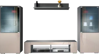 Produktbild von Vladon Wohnwand Nevada V2, Anbauwand bestehend aus 2 Vitrinen, 1 TV-Board und 1 Wandregal Anthrazit matt/Sandgrau Hochglanz (304,5 x 141 x 39 cm)