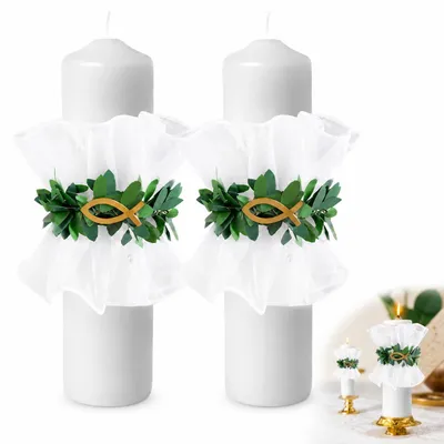 Produktbild von Kerzenhalter - 2er Set Anti-Drop mit transparentem Hardtüll und goldenen Fischmotiven - Dekoration für Taufkerzen Hochzeitskerzen und Kommunionskerzen